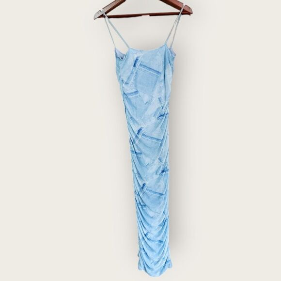 Good American Ruched Denim Patchwork Mesh Overlay Bodycon Midi Dress M - FLAW - Picture 4 of 10